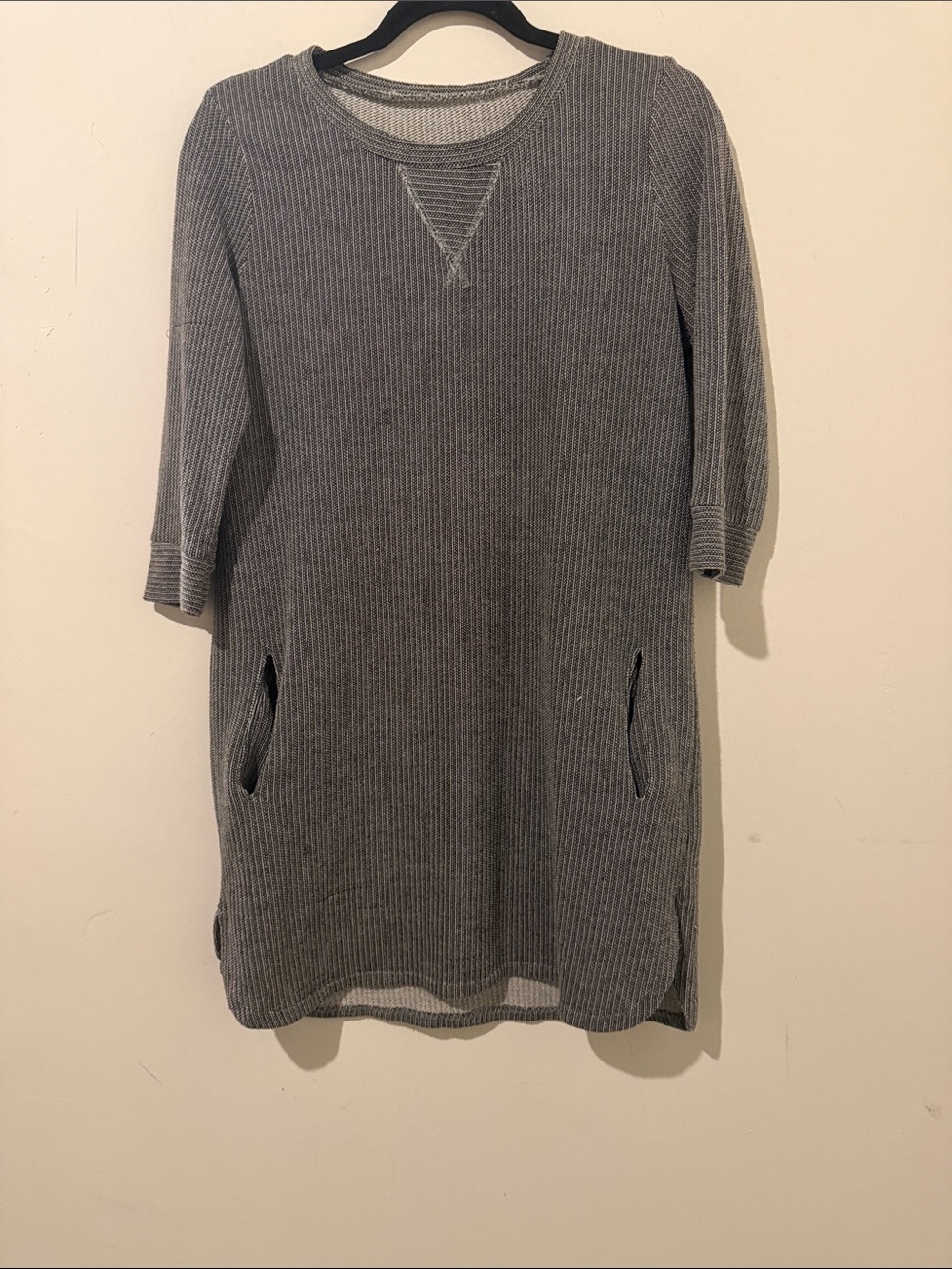 Gray Ribbed Tunic Dress with Front Pockets